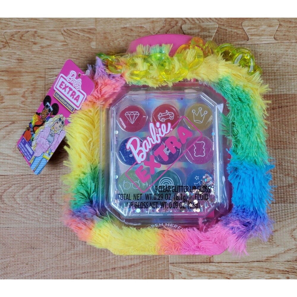 Barbie EXTRA Fur Makeup Purse 9 Clear Glitter And 1 Fluid Lip Gloss & Applicator
